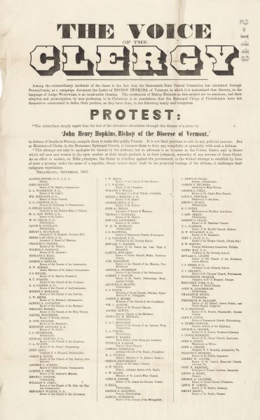 Proclamation made by the Episcopal Clergy of Philadelphia protesting the statement made by John Henry Hopkins, Bishop of the Diocese of Vermont, supporting slavery and the southern cause.