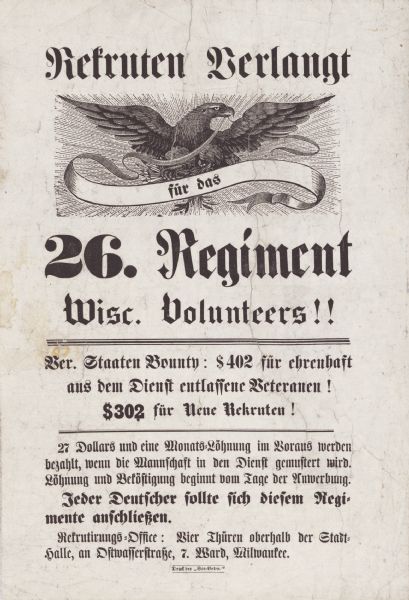 Recruitment poster in German for the 26th Regiment of Wisconsin volunteers.