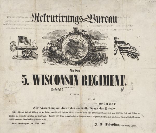 Civil War recruiting poster for the 5th Wisconsin Regiment written in German.