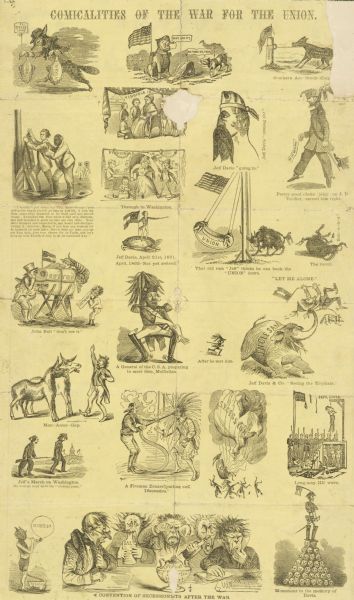 A layout of caricatures and cartoons of a "Comicalities of the War for the Union".
