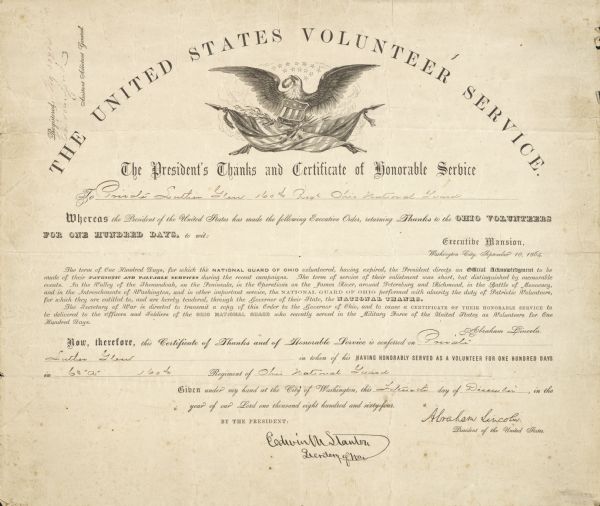 A notification of the President's thanks and certificate of honorable service to the 160th Regiment of Ohio Volunteers.