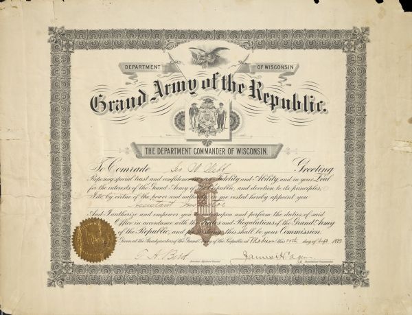 Certification appointing George W. Webb to Assistant Inspector of the Grand Army of the Republic, Madison, Wisconsin Post.