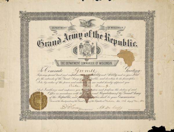 Certificate appointing Y.W. Webb to Aide-de-Camp of the Grand Army of the Republic on November 14, 1901.