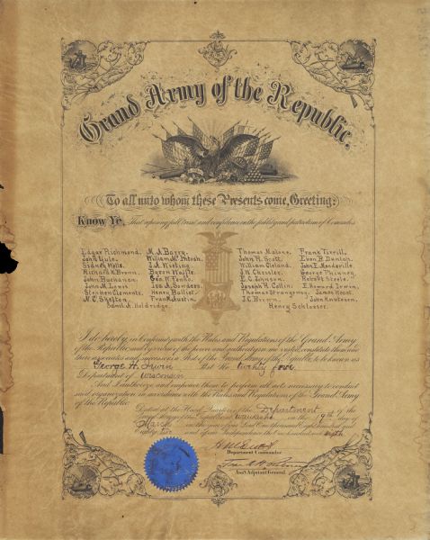 Certificate creating Post Number 25, Department of Wisconsin, of the Grand Army of the Republic.