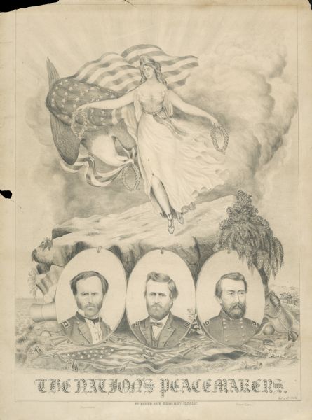 A lithograph of Major-General William Tecumseh Sherman, Major-General Ulysses S. Grant, and Rear-Admiral David Dixon Porter below the figure of a woman holding laurel wreaths, a bald eagle, and the American flag.