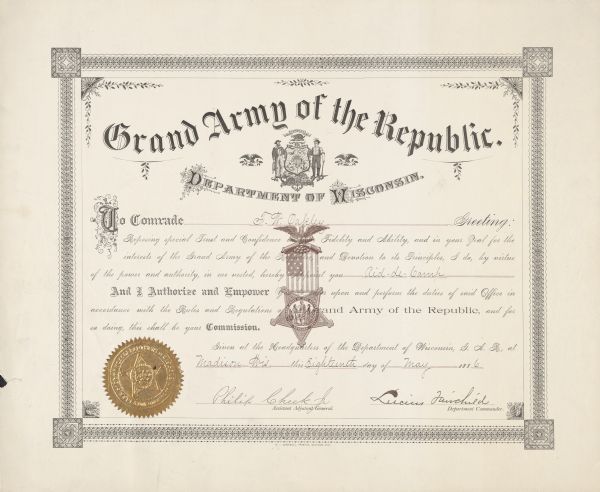 Certificate commissioning J.W. Oakley Aid-de-Camp in the Grand Army of the Republic. It is signed by Lucius Fairchild.