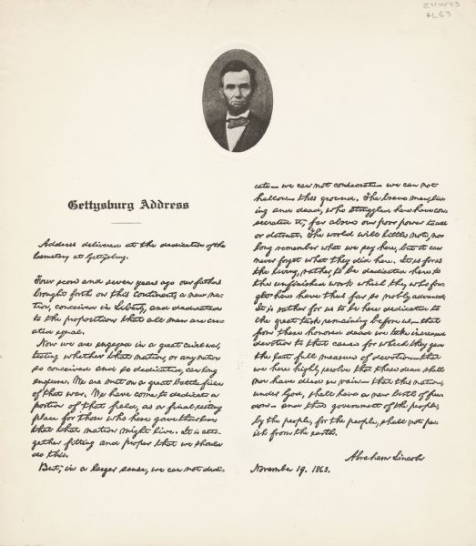 The text of the famous speech by Abraham Lincoln with an oval portrait. The oval around the portrait is embossed.