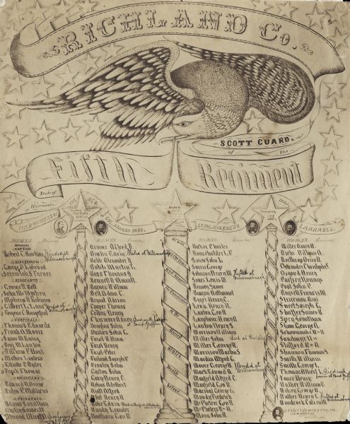 Pen-drawn poster listing the officers and men of Company H. Includes small oval portraits of some of the officers.