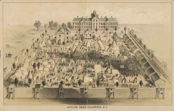 Detail (central image) of "The Southern Prisons of U.S. Officers" showing Camp Asylum in South Carolina.