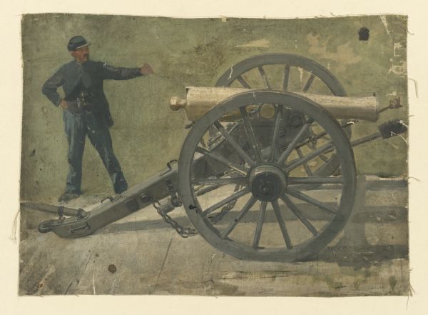 Oil on linen study of a Union Civil War soldier firing a cannon.  The painting was done by one of a group of German panorama painters active in Milwaukee during the 1880s.  Although unsigned, the study was likely done by F.W. Heine who donated it to the Historical Society.  Although previously thought to have been for a Gettysburg cyclorama, Heine's diaries at the Milwaukee Historical Society suggest it was intended for cycloramas done of the Battle of Atlanta or the Battle of Missionary Ridge.