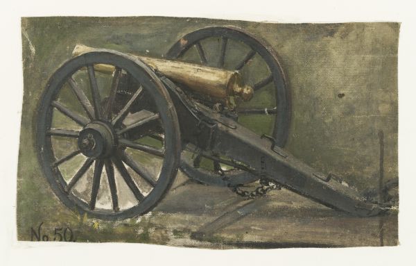 Oil painting of a Civil War cannon, created as a preliminary study for the Cyclorama of the Battle of Gettysburg, painted by a group of German painters known as the American Panorama Company, led by William Wehner. The text, "No. 50." appears in the lower left corner.