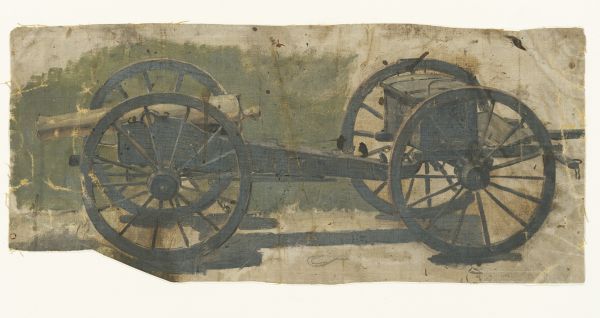 Oil on linen study of a Civil War cannon with ammunition wagon attached. The painting was created by one of a group of German panorama painters active in Milwaukee during the 1880s. This study was likely done by F.W. Heine or Franz Rohrbeck. Heine's diaries at the Milwaukee Historical Society suggest that the sixteen studies at the Wisconsin Historical Society were done for the Battle of Atlanta or Battle of Missionary Ridge cycloramas, not for a Gettysburg panorama.