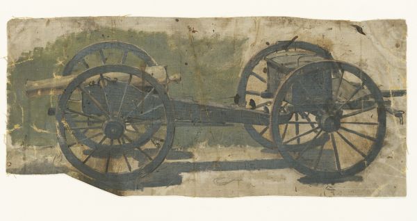 Oil on linen study of a Civil War cannon with ammunition wagon attached.  The painting was created by one of a group of German panorama painters active in Milwaukee during the 1880s.  This study was likely done by F.W. Heine or Franz Rohrbeck.  Heine's diaries at the Milwaukee Historical Society suggest that the sixteen studies at the Wisconsin Historical Society were done for the Battle of Atlanta or Battle of Missionary Ridge cycloramas, not for a Gettysburg panorama.