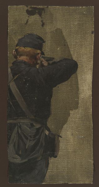 Oil on linen study of a Civil War soldier aiming a rifle, as seen from the rear.  The study was created as part of the work of a group of German panorama artists active in Milwaukee during the 1880.  The study is unsigned but is likely by F.W. Heine who donated sixteen preliminary studies to the Wisconsin Historical Society.  Heine's diaries at the Milwaukee Historical Society suggest that the studies once thought to have portrayed events at Gettysburg were intended for their cyclorama paintings of the Battle of Atlanta and the Battle of Missionary Ridge.