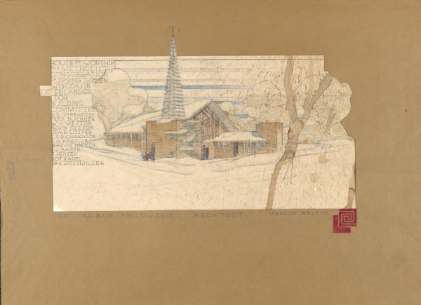 Matted architectural drawing for a proposed Methodist church for a congregation in Spring Green, Wisconsin, drawn by Marcus Weston with input from architect Frank Lloyd Wright.  The drawings lists the church's building committee.