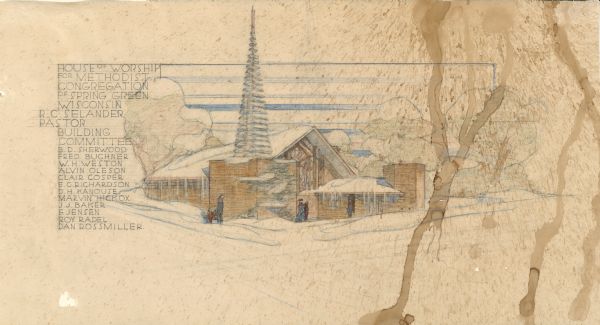 Proposed Methodist church for a congregation in Spring Green, Wisconsin, drawn by Marcus Weston with input from architect Frank Lloyd Wright. The drawings lists the church's building committee.