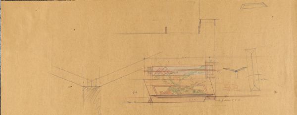 Plan, elevation, and details drawing for a divider wall/low screen just inside the entrance to the living room at Taliesin West, the winter home of architect Frank Lloyd Wright and the Taliesin Fellowship.  The screen was built by members of the Fellowship.
