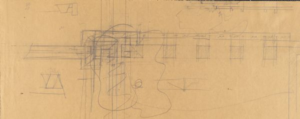 Unidentified drawing of a portion of a building including floor plan, elevation sketch, and detail sketches.