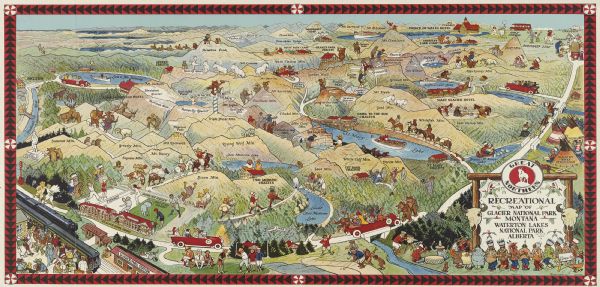 Pictorial map of Glacier National Park, Montana and Waterton Lakes National Park, Alberta.  Illustrated by Joe Scheurle, it depicts white people, American Indians, and animals enjoying recreational activities. American Indians are shown in a stereotypical manner.  Mountains and lakes are labeled, and the Prince of Wales Hotel in Alberta, Canada.