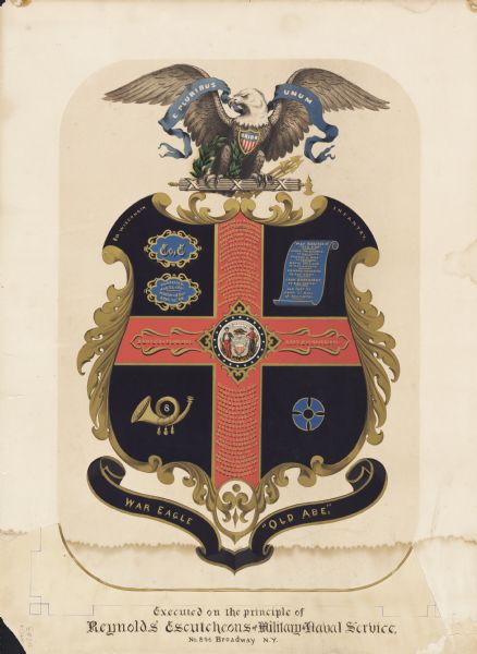 Crest created by Reynolds Escutcheons of Military and Naval Service to commemorate the 8th Wisconsin Infantry. The crest has the seal of Wisconsin and an eagle at the top with "E Pluribus Unum". The eagle also has a "Union" shield around its neck. The bottom banner has written on it "War Eagle" and "Old Abe". The crest also includes pictures of a bugle, a scroll of paper and three other items. The cross-like shape in the middle has a list of battles under the heading: "Carried on his perch through the following battles".