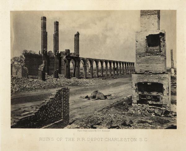 The ruins of a railroad depot after General Sherman's men burned the town near the end of the Civil War.<br>Plate 61</br>