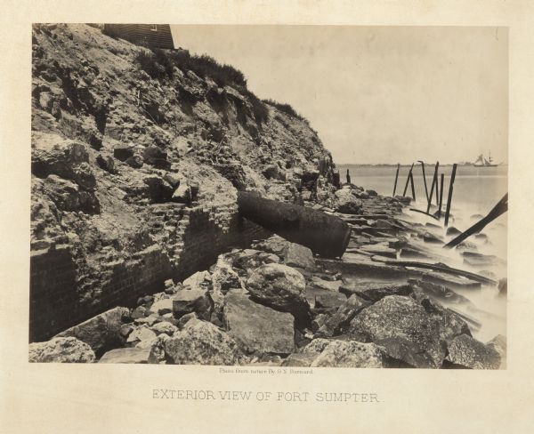 Exterior of Fort Sumter. A cannon has fallen on the steep shoreline and waves are hitting the rocks.<br>Plate 58</br>