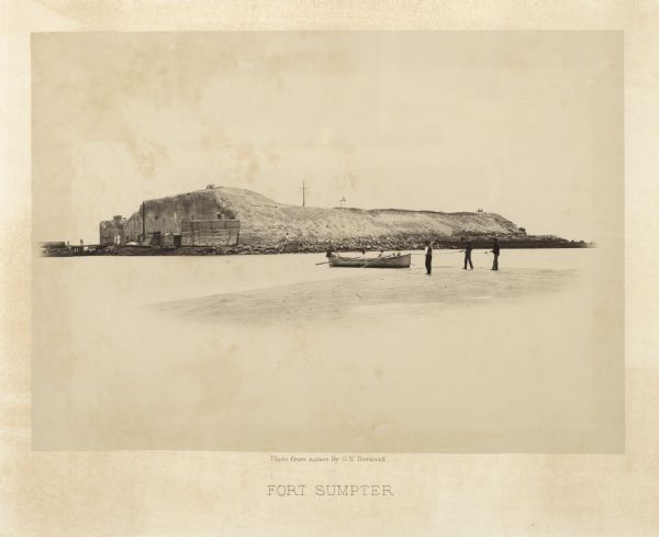Exterior of Fort Sumpter [sic]. There are several men and a boat on the shoreline in the foreground.<br>Plate 56</br>