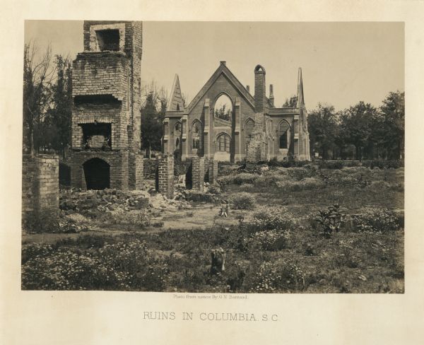 The ruins of a church in Columbia after General Sherman's men burned the town near the end of the Civil War.<br>Plate 54</br>