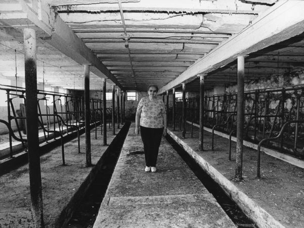 Rosie Weninger standing inside the barn, which has 35 stanchions. The last time cows were milked here was in 1991.