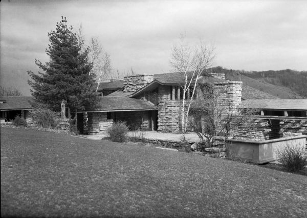 An exterior view of Taliesin, the headquarters of the Frank Lloyd Wright organization.