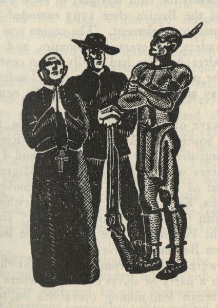Woodcut illustration of three standing figures, possibly a missionary, a fur trader, and an American Indian, depicting Wisconsin history.