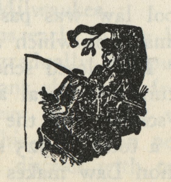 Woodcut illustration of a seated figure leaning against a tree, and holding a fishing pole.