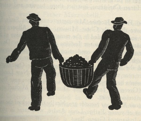 Woodcut illustration of two men carrying a full basket.
