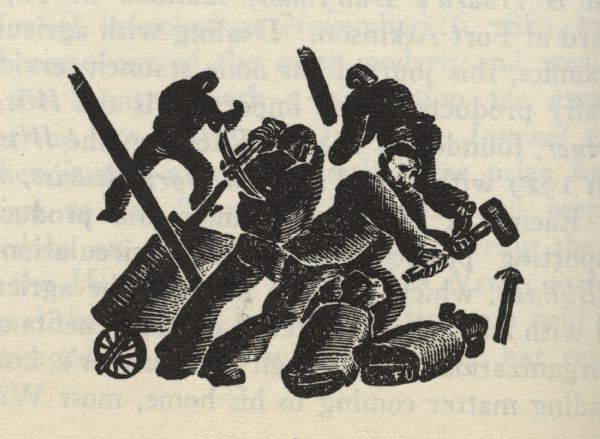 Woodcut illustration of four men working with pick-axes and sledge hammers.