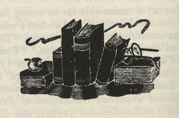 Woodcut illustration of a bookshelf with books, an apple, and a pair of eyeglasses.