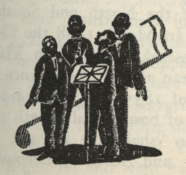Woodcut illustration of four men singing in a group, posed in front of a music stand. There is a large music note in the background.