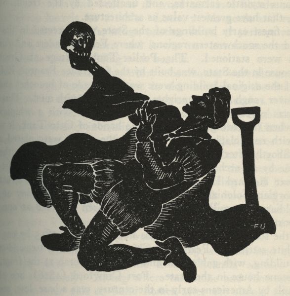 Woodcut illustration of a theater performer speaking to a skull, held in his raised hand.