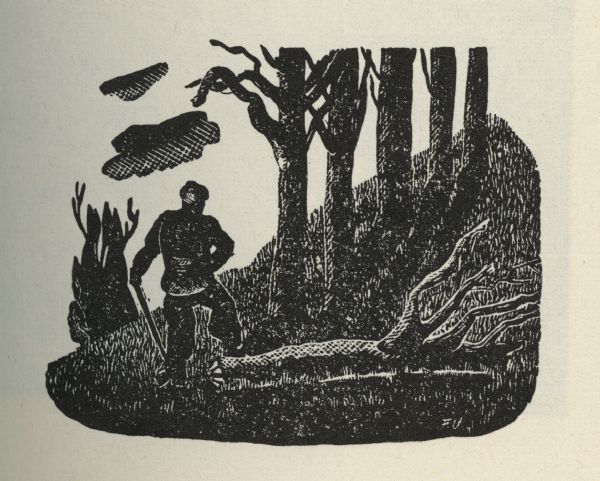 Woodcut illustration of a man outdoors on the side of a hill, holding an axe and standing next to a fallen tree.