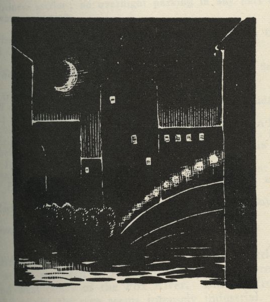 Woodcut illustration of a nighttime cityscape and a crescent moon.