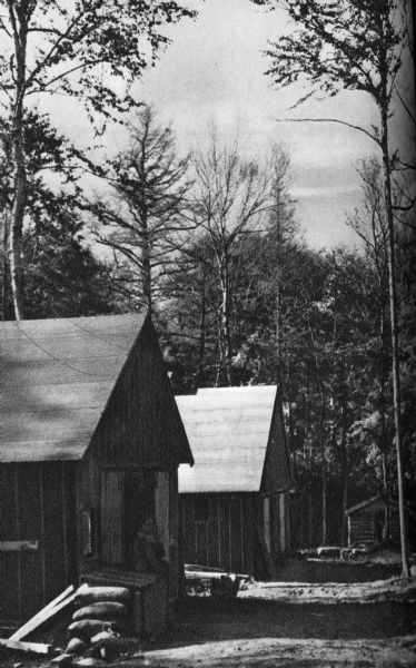 Exterior view of a logging camp on the Menominee Indian Reservation. The three buildings are surrounded by forest.