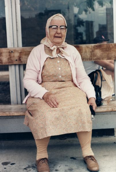 Elderly Woman At Bus Stop Photograph Wisconsin Historical Society