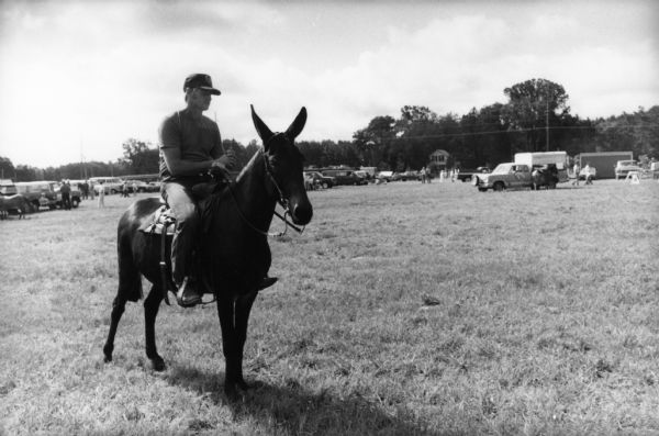 A man riding a mule at Folk Fest.