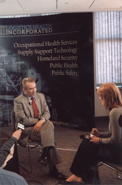 Tommy Thompson, Secretary of Health & Human Services (2001-2005) being interviewed while on a visit to La Crosse.