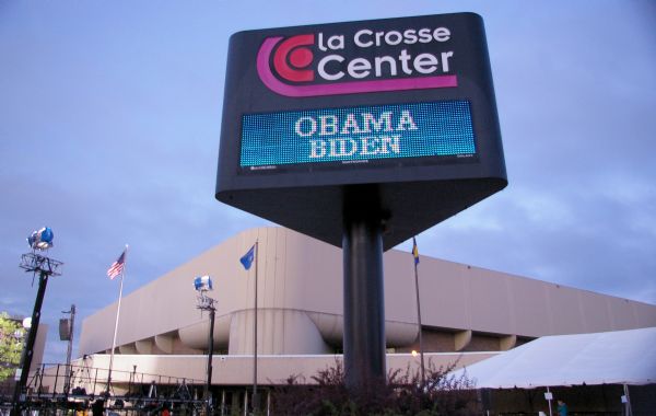 Obama-Biden sign outside the La Crosse Center.