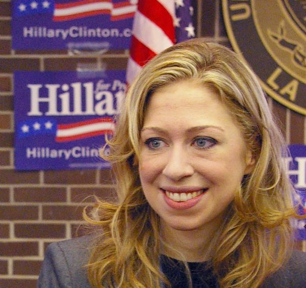 A close-up of Chelsea Clinton at a rally for Hillary Clinton for President.