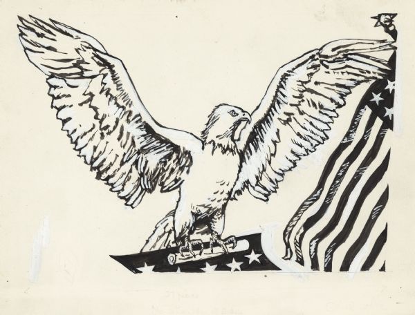 Drawing of eagle with wings spread. In the eagle's talons is a rolled piece of paper and flag. There is also a flag on the right hand side of the drawing. The eagle probably intended to depict Old Abe, the eagle of the 8th Wisconsin Volunteer Regiment.