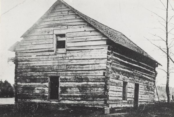 Exterior of cabin in Chippewa County where Old Abe was kept after his capture as a wild eaglet. The cabin is referred to as the "Eagle House".