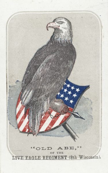 Old Abe, eagle mascot of the 8th Wisconsin Regiment. Popular cards sold in great quantities as benefit items ($9 per 100), so great was this bird's fame. Card features Old Abe perched on a shield with the American stars and stripes painted on it. At the bottom of the card it reads " Old Abe of the Live Eagle Regiment (8th Wisconsin)". Image republished by Ella E. Gibson for the benefit of Charles Russell Lowell Encampment, Post 7, G.A.R., at their Fair, March 1, 1870.