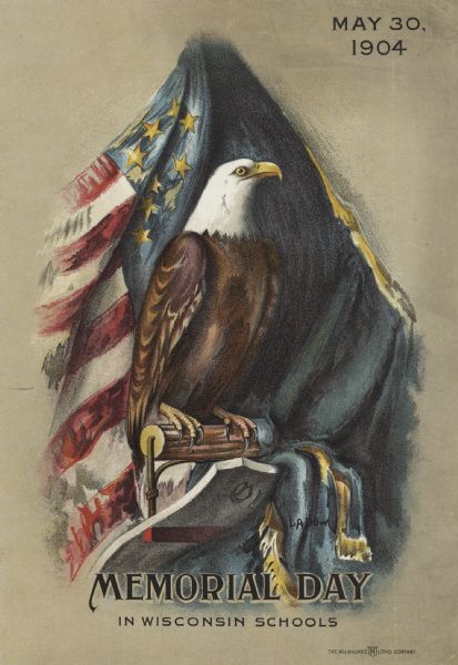 Chromolithograph of Old Abe, Wisconsin War Eagle. The title reads: "Memorial Day in Wisconsin Schools."