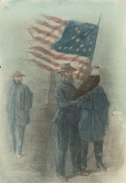 Composite paste-up intended to represent "Old Abe," eagle mascot of the Eighth Wisconsin Regiment in the Civil War with his bearer. At the Northwest Sanitary Fair in Chicago, 1865, the bearer was John F. Hill.  This image consists of a cut-out of the eagle superimposed on a wood-engraving of the figures.<p>The image shows three Union soldiers, one holding the American flag, one standing on the left, and one holding Old Abe (John F. Hill).